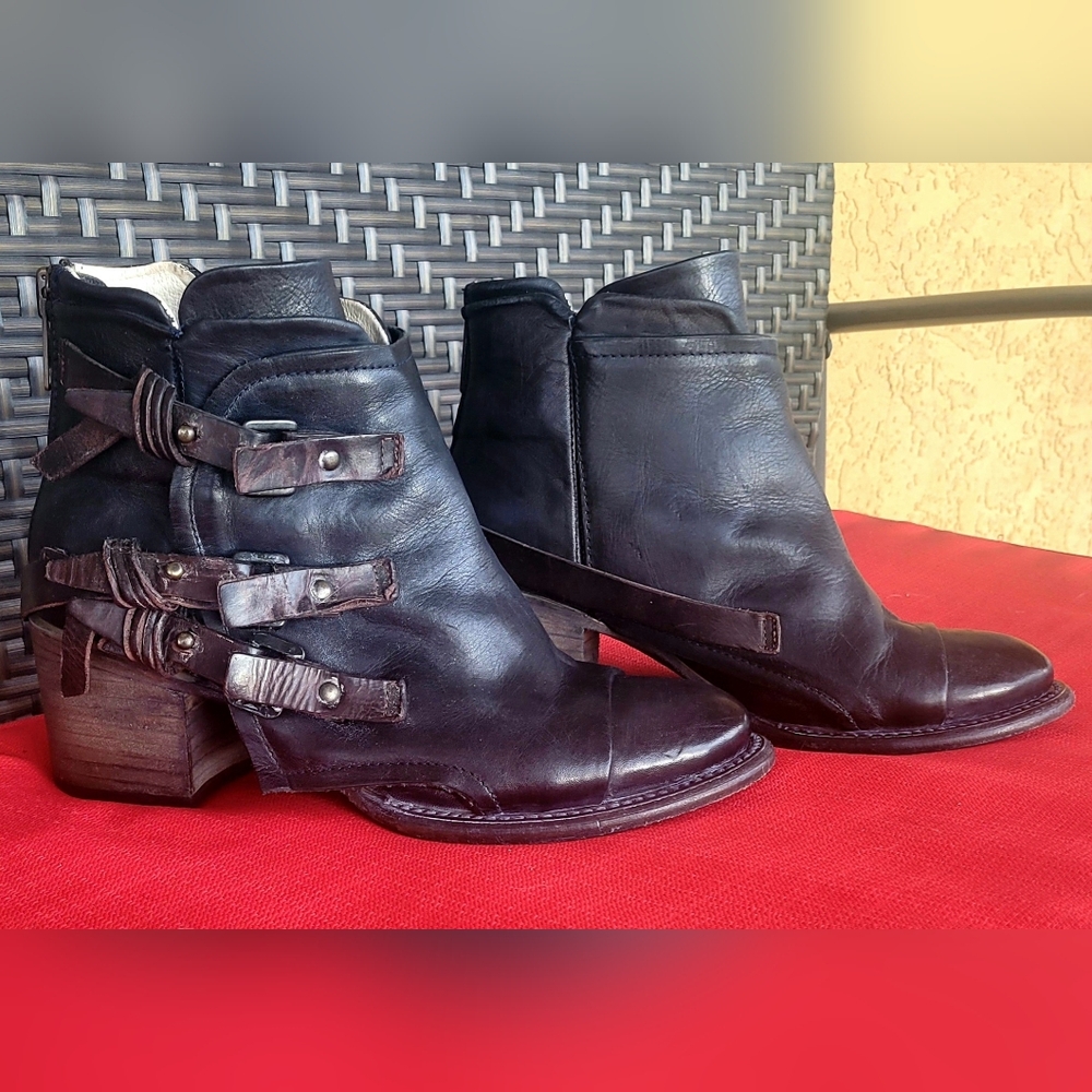 freebird Black Leather Ankle Booties with Strap Buckle Detail